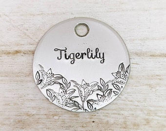 Tigerlily - Pet ID tag - Dog tag for dogs - Pet Name Tag - Hand Stamped - Personalized - Custom - Dog Tag - Lily - Floral - Flowers - Leaf
