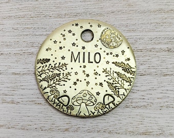 Night Fungi - Pet ID tag - Dog tag for dogs - Pet Name Tag - Hand Stamped - Personalized - Custom - Mushroom - Forest Night - Full Moon