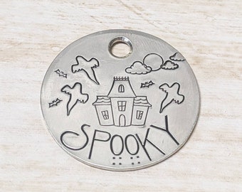 Haunted House - Pet ID tag - Dog tag for dogs - Pet Name Tag - Hand Stamped - Personalized - Dog Collar - Custom - Moon - Halloween - Ghost