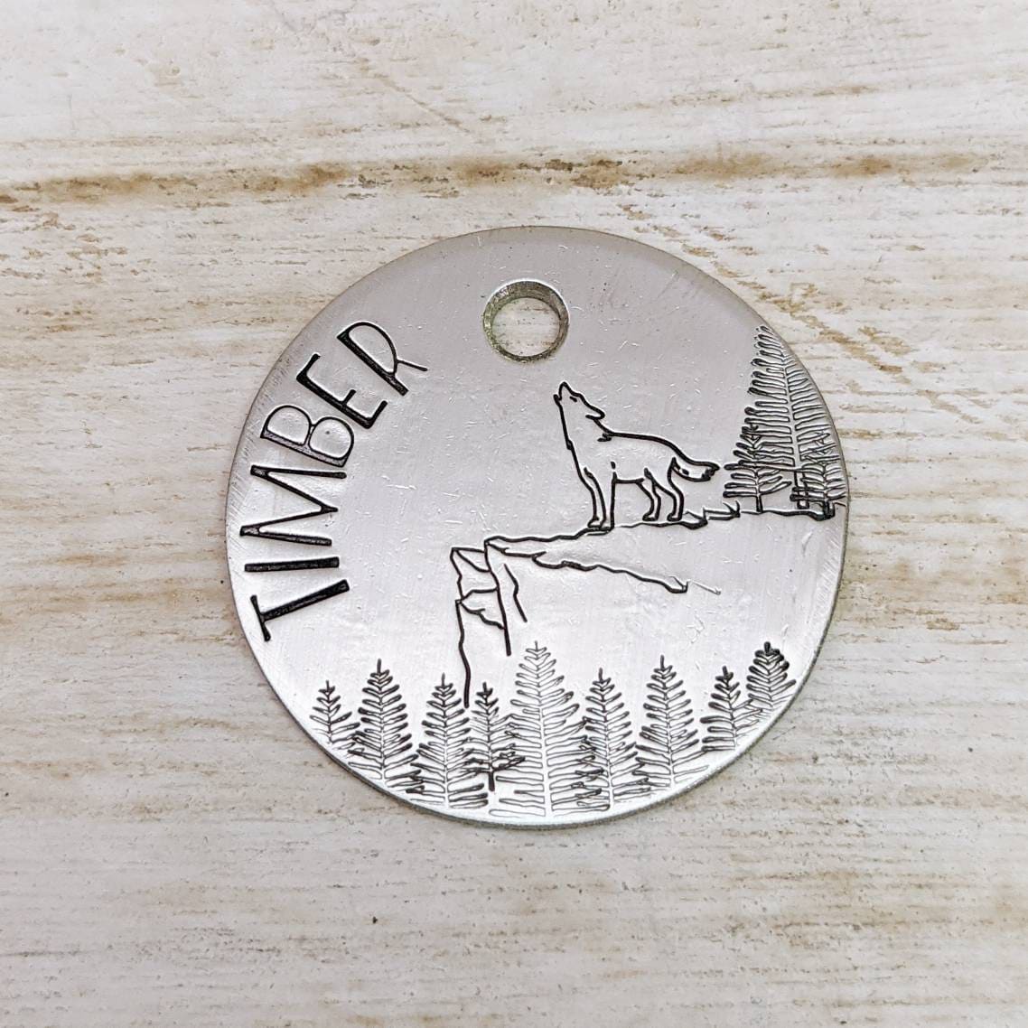 Howling Wolf Forest ID Tag Name tag for dog Handstamped Etsy