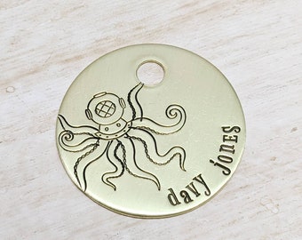 Davy Jones - Pet ID tag - Dog tag for dogs - Pet Name Tag - Hand Stamped - Personalized - Dog Collar - Custom - Dog Tag - Scuba - Octopus