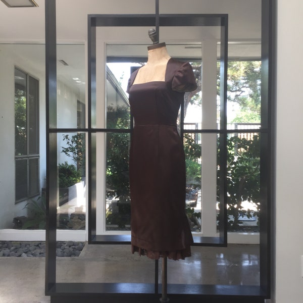 Vintage Inspired Chocolate Brown Polly Satin Semi-Formal Dress With Lace Accent
