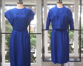 Vintage 60s Dress and Jacket // 1960 Blue Silk Dress and Matching Jacket // Small