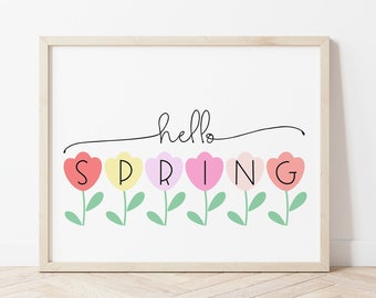 Hello Spring Printable Wall Art with Pastel Tulips, Floral Farmhouse Home Decor Sign, Shabby Chic Spring Decoration, Spring Typography Art