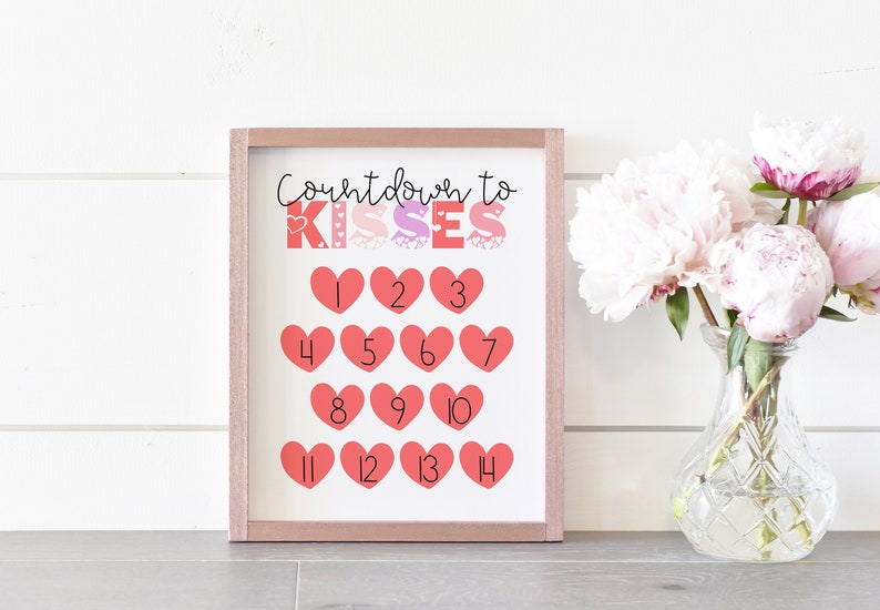 Countdown to Kisses Valentine's Day Countdown Calendar, Valentine's Day Printable Wall Art, Days Until Valentine's Day Advent Calendar image 1