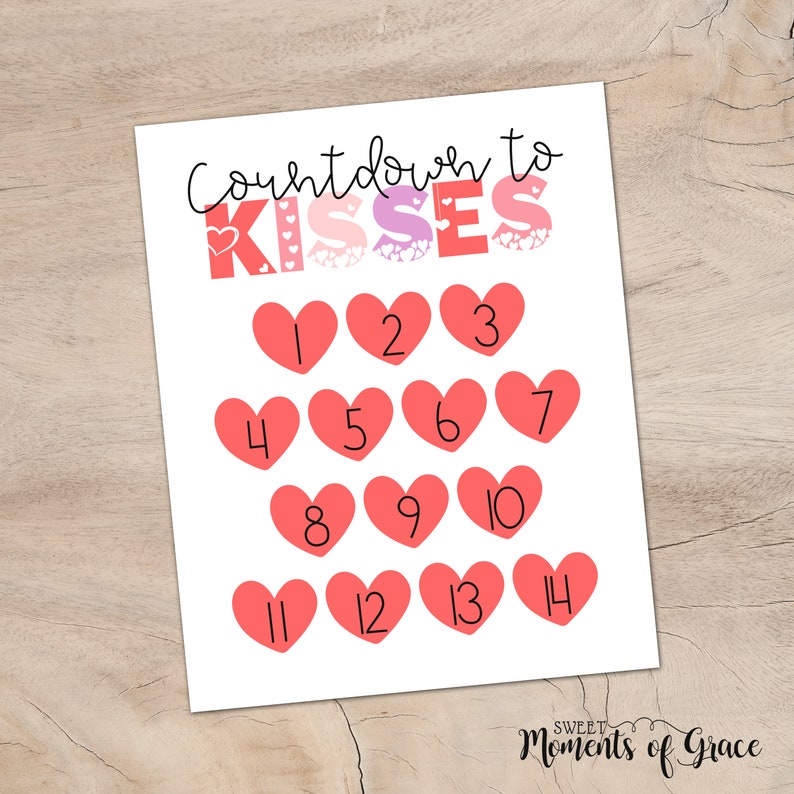 Countdown to Kisses Valentine's Day Countdown Calendar, Valentine's Day Printable Wall Art, Days Until Valentine's Day Advent Calendar image 2