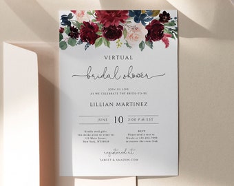 Virtual Bridal Shower Template, Social Distance Bridal Shower Invitation, Burgundy Bridal Shower Party Invite, Editable Template, BN02