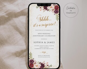 Burgundy Floral Anniversary Invitation Template, Editable Electronic Invite (Digital Download), BAC394
