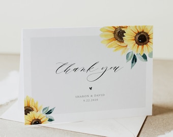 Sunflower Thank You Card Template, Printable Folded Note, Editable Template (Digital Download), SF09