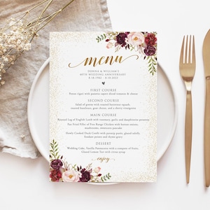 Modèle de menu bordeaux, menu d'anniversaire de mariage, carte de menu anniversaire or, modèle de menu de mariage imprimable, modèle modifiable, BAC57