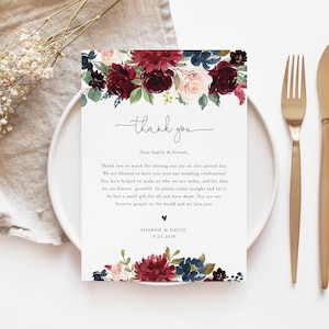 Carta de agradecimiento de Borgoña, plantilla de carta de agradecimiento de boda, plantilla de tarjeta de agradecimiento, menú de boda gracias, agradecimiento editable, BN14
