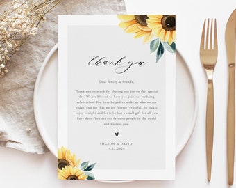 Sunflower Thank You Letter, Wedding Thank You Letter Template, Thank You Card Template, Wedding Menu Thank You, Editable Thank You, SF08
