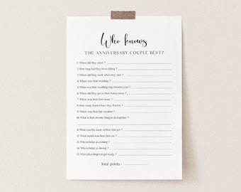 Minimal Anniversary Party Sheets, Anniversary Game, Who Knows The Anniversary Couple Best, Anniversary Party Game, Editable Template, MAC127
