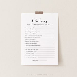 Minimal Anniversary Party Sheets, Anniversary Game, Who Knows The Anniversary Couple Best, Anniversary Party Game, Editable Template, MAC127