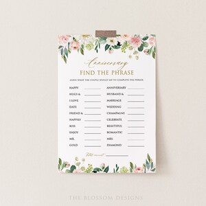 Pink Floral Anniversary Party Sheets, Anniversary Game Printable, Anniversary Find The Phrase, Editable Template, Party Game, FAC105