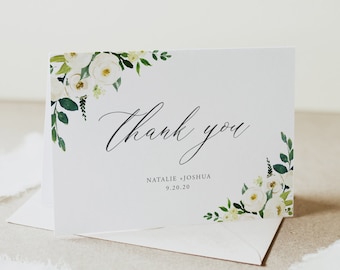 Greenery Floral Thank You Card Template, Printable Folded Card, Editable (Digital Download), WF30