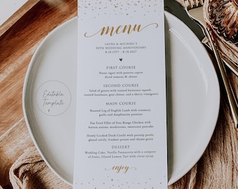 Anniversary Menu Template, Gold Wedding Printable, Editable Template (Digital Download), GAC29