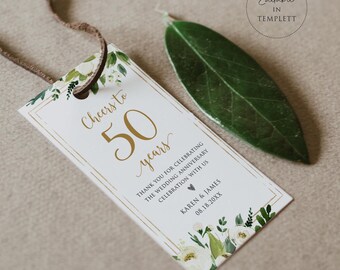 White Floral Anniversary Favor Tag, Cheers to 50 Years Printable, Editable (Digital Download), WAC85