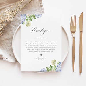 Carta de agradecimiento de Hydrangea, plantilla de carta de agradecimiento de boda, plantilla de tarjeta de agradecimiento, menú de boda gracias, agradecimiento editable, BH04