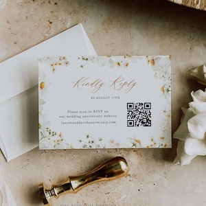 Tarjeta RSVP Daisy, Tarjeta de respuesta amable, Tarjeta de respuesta de aniversario imprimible, Plantilla de código QR RSVP, Tarjeta de respuesta amable, Plantilla editable, DAC241