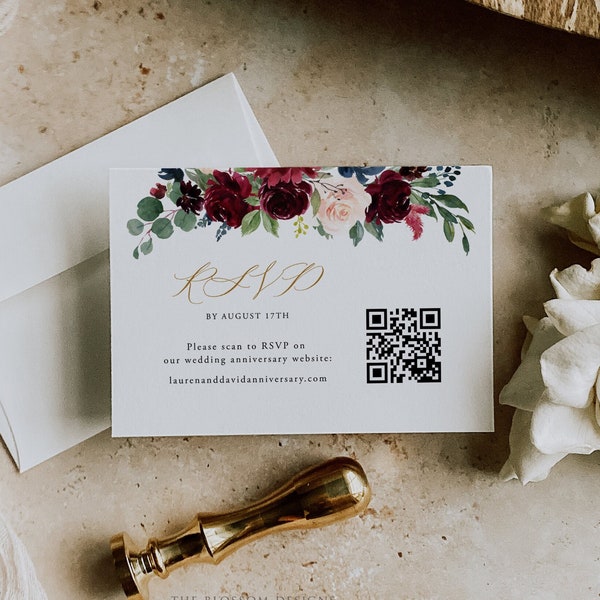 Navy Burgundy RSVP Card, Kindly Reply Card, Anniversary Reply Card Printable, RSVP QR Code Template, Editable Template, NBAC182