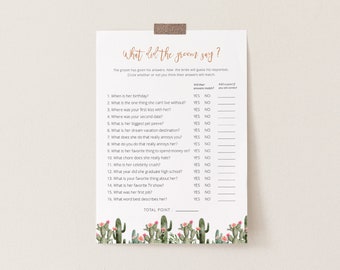 Gra „Cactus Bridal Shower”, „Co powiedział pan młody”, gra imprezowa do druku (do pobrania w wersji cyfrowej), CF41