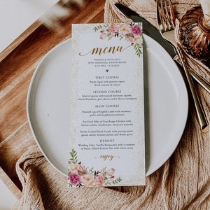 Plantilla de menú rosa Blusk, menú de aniversario de bodas, tarjeta de menú de aniversario de oro, plantilla de menú de bodas imprimible, plantilla editable, PAC69