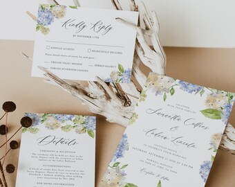 Hydrangea Wedding Invitation Suite, Blue Floral Invites Printable, Editable Template (Digital Download), BH02