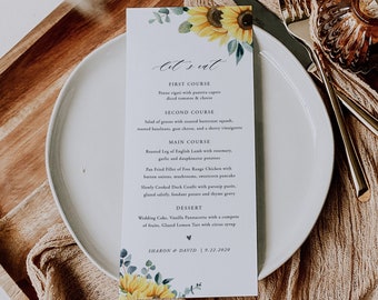 Sonnenblumen-Hochzeitsmenüvorlage, rustikales Abendmenü zum ausdrucken, bearbeitbar (digitaler Download), SF07