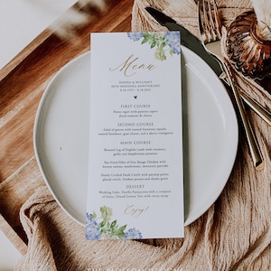 Szablon menu hortensji, menu na rocznicę ślubu, karta menu na rocznicę kwiatową, szablon menu weselnego do druku, szablon edytowalny, HAC291