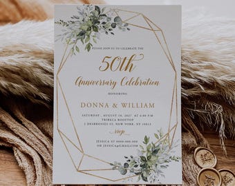 50th Anniversary Invitation, Greenery Wedding Anniversary Invite, Wedding Anniversary Invitation Printable, Editable Template, EAC195