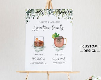 Signature Cocktails Signs, Signature Drinks Bar Menu, Wedding Bar Menu, Wedding Bar Signs, Bar Wedding Poster, Greenery Wedding Decorations