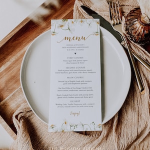 Modello di menu a margherita, menu per anniversario di matrimonio, carta menu per anniversario floreale, modello di menu per matrimonio stampabile, modello modificabile, DAC245