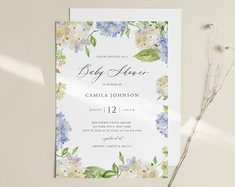 Hydrangea Baby Shower Invitation Template, Blue Floral Invite Printable, Editable Template (Digital Download),  BH01