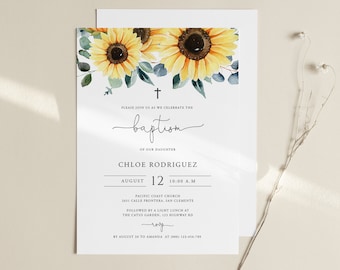 May include: A baptism invitation with a watercolor illustration of sunflowers and greenery. The text reads "Please join us as we celebrate the baptism of our daughter Chloe Rodriguez, August 12, 10:00 A.M., Pacific Coast Church, 2651 Calle Frontera, San Clemente, followed by a light lunch at The Catus Garden, 125 Highway Rd, RSVP by August 5th to Amanda at (800) 123-456-789, The Blossom Designs."