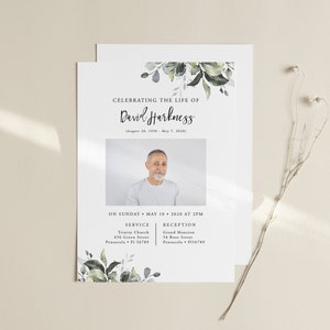 Greenery Funeral Memorial Announcement, Funeral Invitation, Modern Funeral, Remembrance card, Editable Invitation, Editable Template, FC04