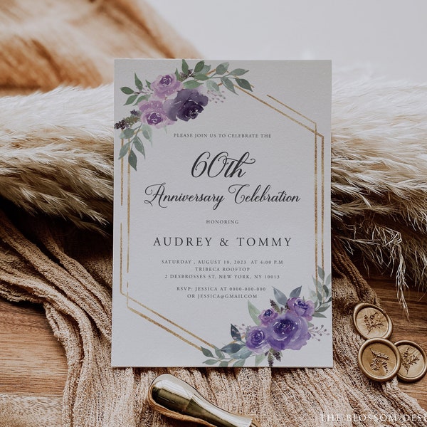 60th Anniversary Invitation, Purple Rose Wedding Anniversary Invite, Wedding Anniversary Invitation Printable, Editable Template, PRAC254