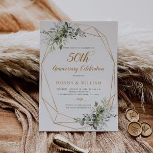 50th Anniversary Invitation, Greenery Wedding Invite, Golden Anniversary Printable, Editable Template, EAC195