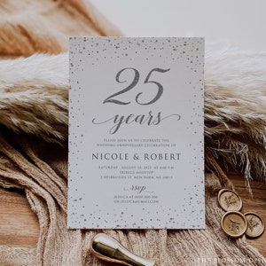 Silver Anniversary Invitation, Silver Wedding Anniversary Invite, 25th Wedding Anniversary Invitation Printable, Editable Template, SIAC292