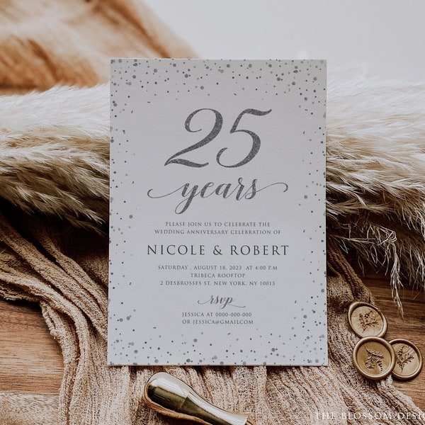 Silver 25th Anniversary Invitation, Printable Template (Digital Download), SIAC292