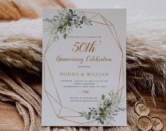 Faire-part 50e anniversaire de mariage, invitation d'anniversaire de mariage verdure, faire-part d'anniversaire de mariage imprimable, modèle modifiable, EAC195