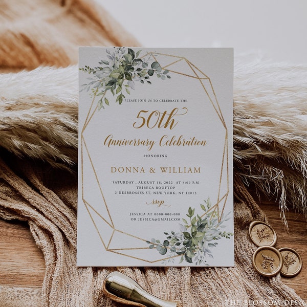 Faire-part 50e anniversaire de mariage, invitation d'anniversaire de mariage verdure, faire-part d'anniversaire de mariage imprimable, modèle modifiable, EAC195