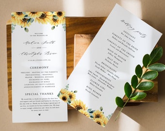 May include: Wedding ceremony programs with sunflower and eucalyptus accents. The programs feature the names of the couple, ceremony details, and wedding party information. The design includes the text "Welcome to the Wedding of" and "The Blossom Designs".