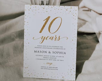 Gold Confetti 10th Anniversary Invitation, Anniversary Invite Printable, Editable Template (Digital Download), GAC385