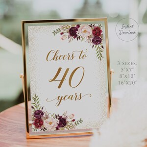 Burgundy Floral 40th Anniversary Sign, Cheers to 40 Years, Printable Sign (Instant Download), BAC66