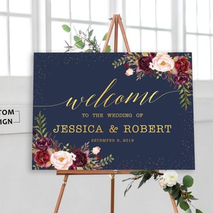 Cartel de bienvenida de boda, Letrero de bienvenida de boda de Burgundy Navy, Letrero de bienvenida de boda rústico, Cartel de bienvenida de boda grande imprimible, SERVICIO URGENTE