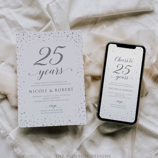Silver 25th Anniversary Invitation and Electronic Invite Bundle, Editable Template (Digital Download),  SIAC294