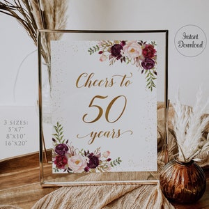 Proost op 50 jaar teken, Bourgondië Proost op 50 jaar teken, 50e verjaardag teken afdrukbaar, jubileum decoratie, Instant Download, BAC11