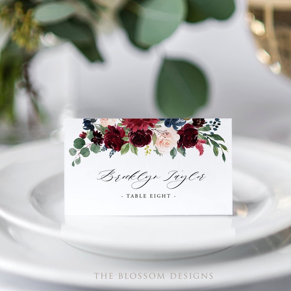 table place setting cards template Burgundy Place Card Template, Printable Place Card Wedding, Watercolor Place Cards Template, Editable Place Cards, Escort Cards, BN23