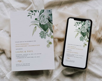 Greenery Anniversary Invitation and Electronic Invite Bundle, Succulent, Editable Template (Digital Download), SEAC316